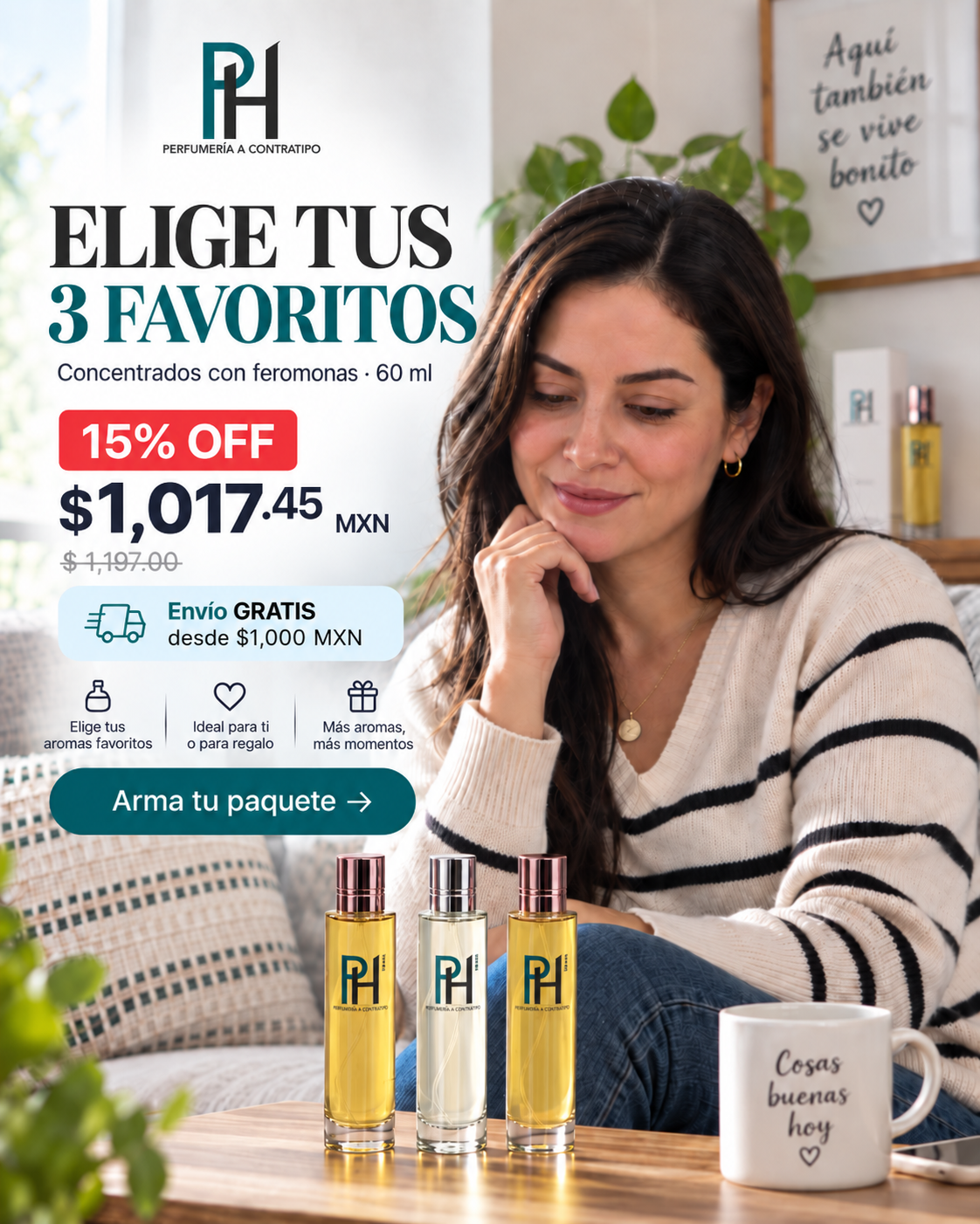 3 perfumes PH Concentrados con Feromonas de 60 ml