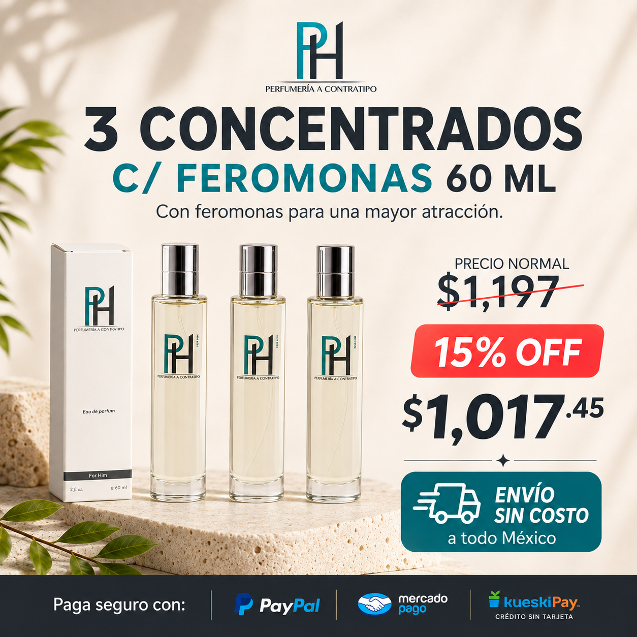 3 perfumes PH Concentrados con Feromonas de 60 ml